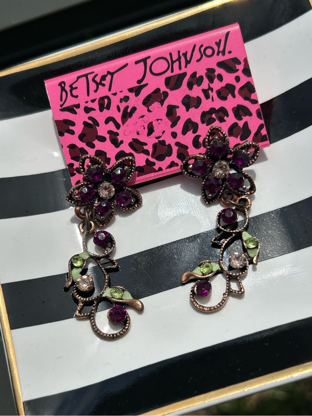 Betsey Johnson Floral Dangle Earrings Bronze Tone Purple & Green Crystal Accents